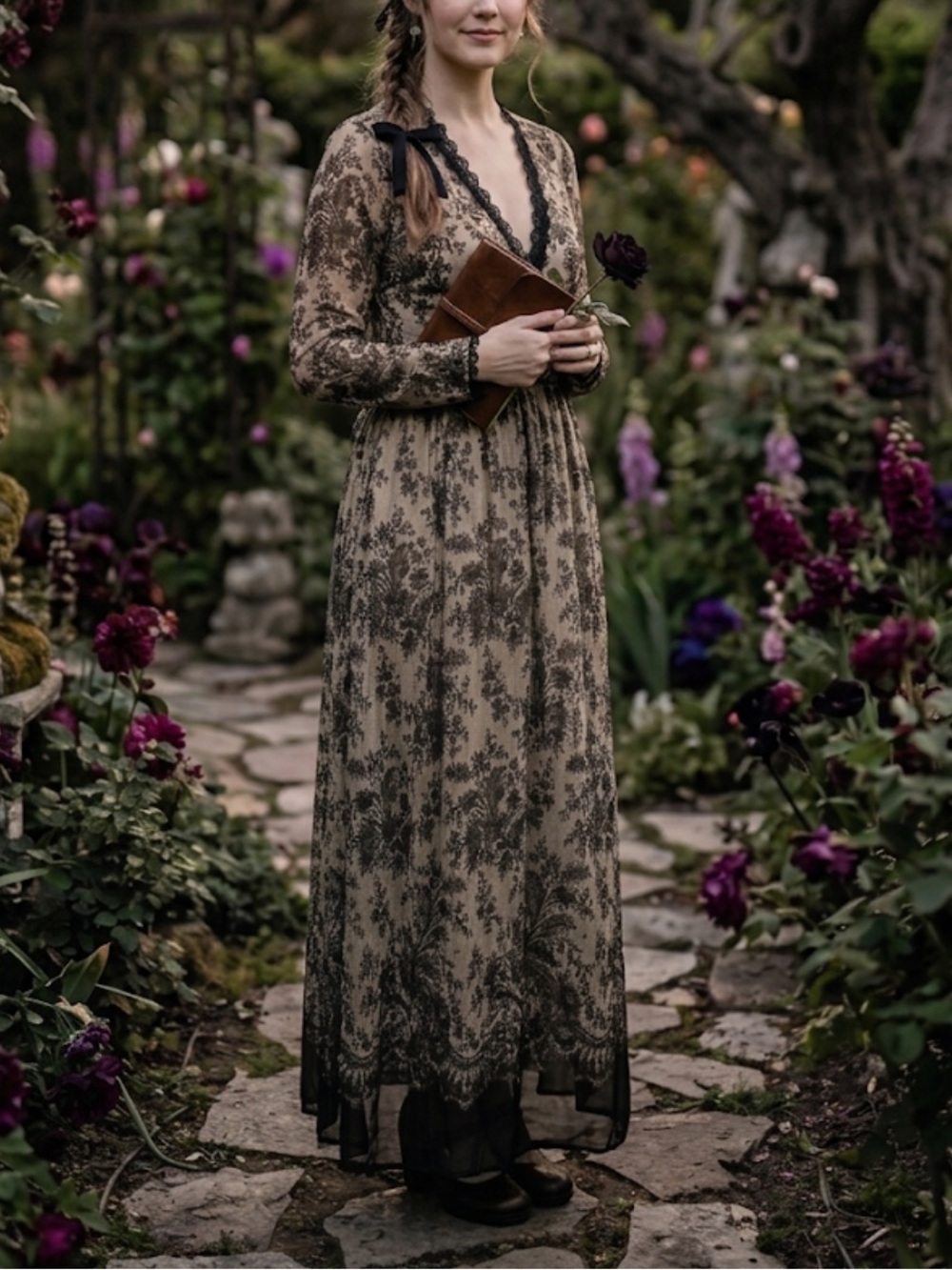 🖤 Vintage Romantic Gothic Sheer Black Floral Maxi Dress - Made in USA